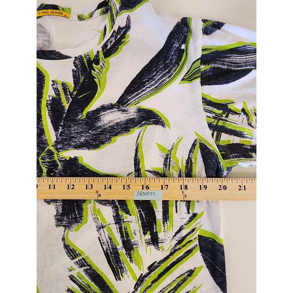 Y TWO JEANS Blue Green Tropical Palm Short Sleeve Cotton Top SZ XL - Picture 7 of 8